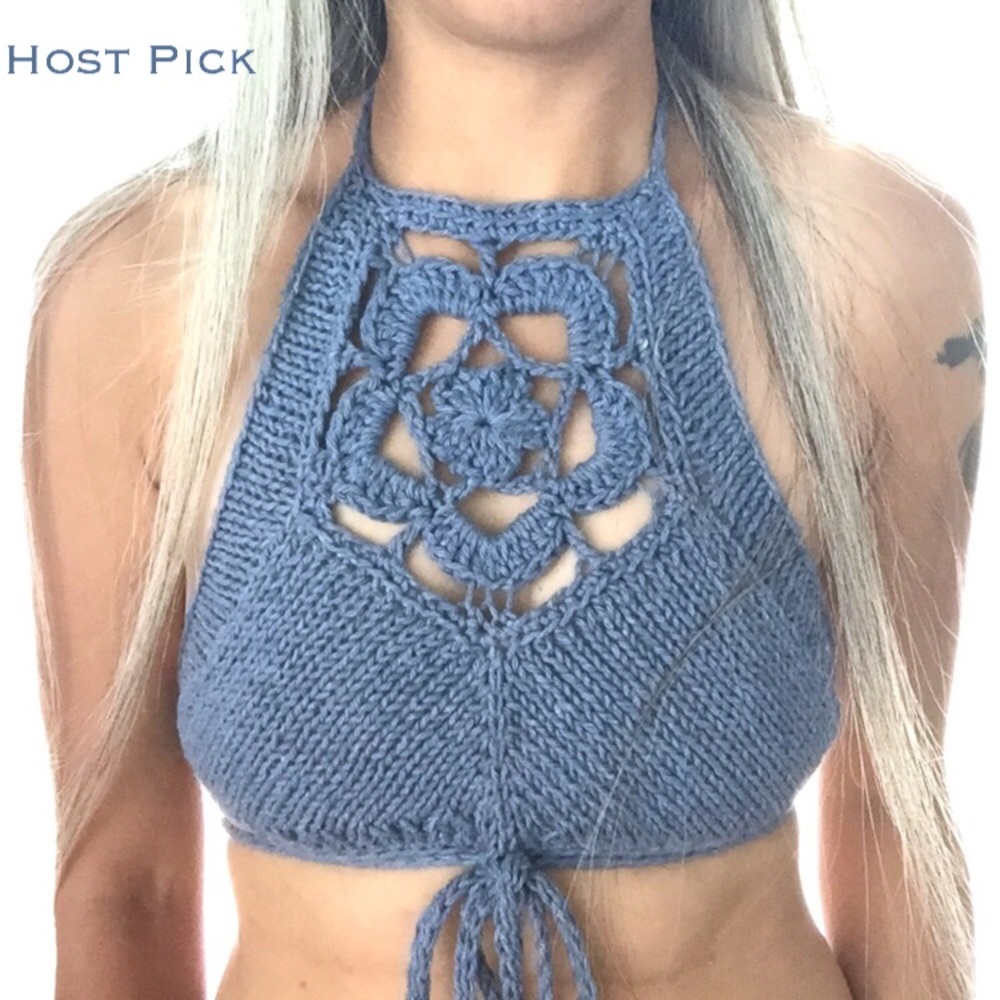 HPx3! Denim Blue High Neck Crochet Crop Top Lined